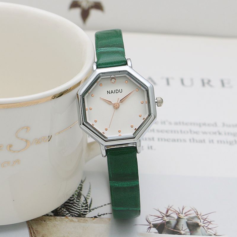 Đồng Hồ Nữ Dây Da Đẹp Mặt Lục Giác Độc Lạ NADU Hàn Quốc chính hãng màu Xanh lá Tif Watches size 25mm