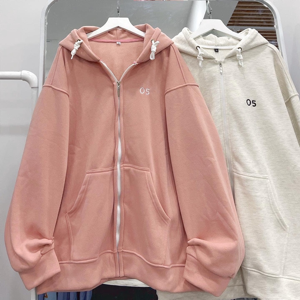 Áo khoác hoodie zip thêu số 05 - áo khoác chất nỉ ngoại, tay bồng form rộng, 2 màu ghi sáng - hồng