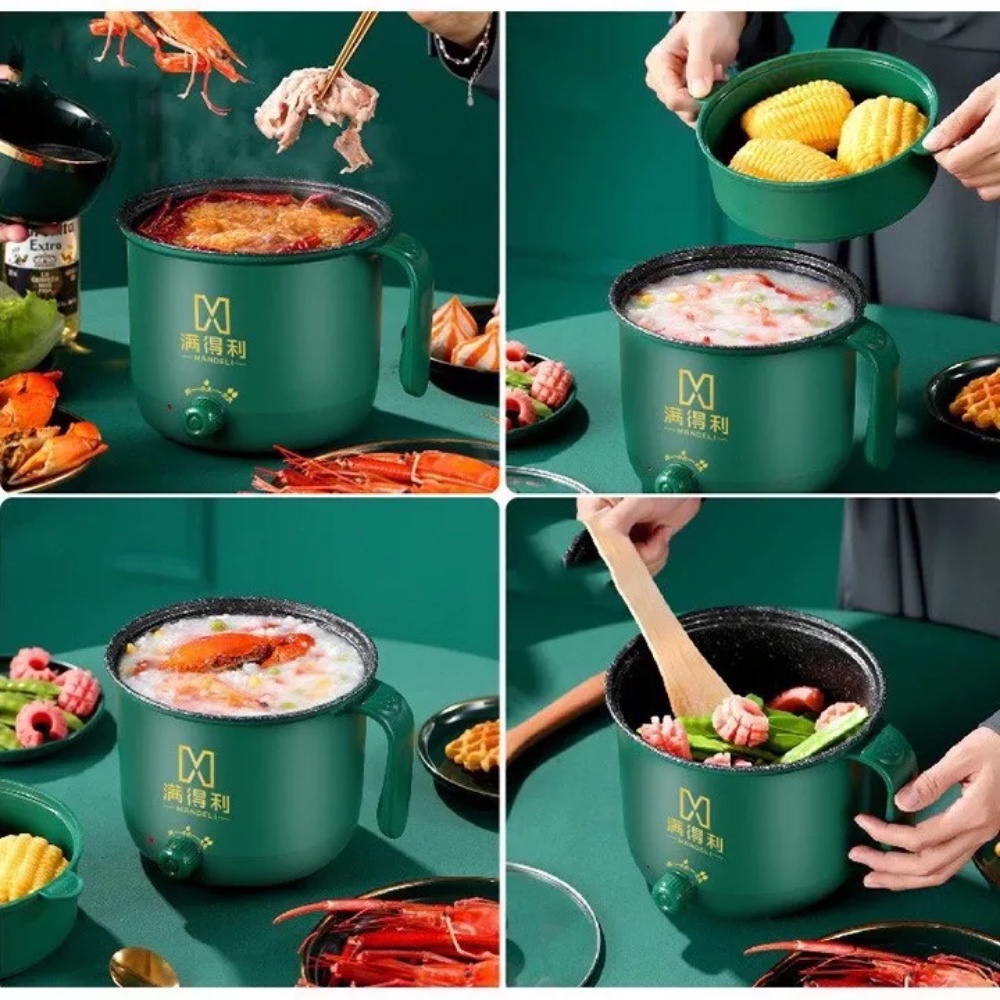 Ca Nấu Mì , Nồi Lẩu Mini, Nồi Nấu Đa Năng Có Tay Cầm 1,8L- Nồi Lẩu Điện 2 Nấc Nhiệt Mẫu Mới Kèm Giá Hấp