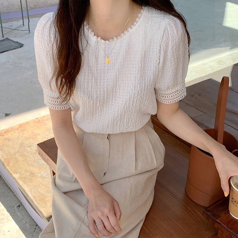 Áo kiểu VONDA tay ngắn cổ tròn màu trơn phong cách Hàn Quốc thời trang xinh xắn dành cho nữ
