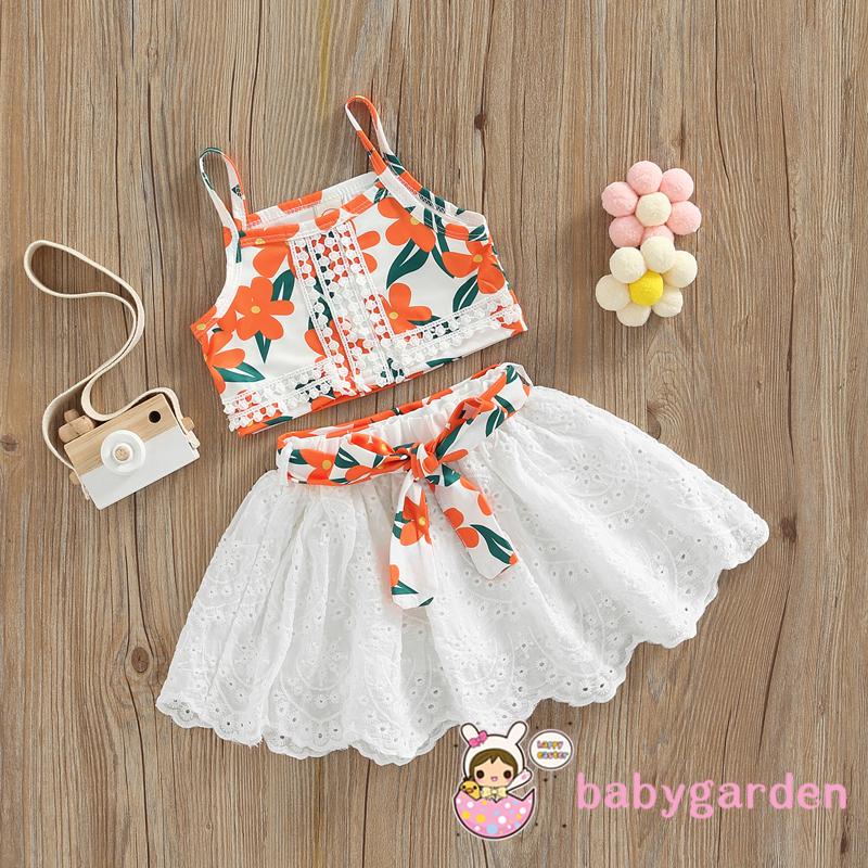 Bộ Áo Hai Dây + Chân Váy Màu Trơn In Họa Tiết Hoa Cho Bé Gái