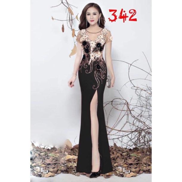 Đầm maxi body dạ hội xẻ đùi kết hoa và cườm nổi - size M/L/XL (có ảnh thật) MS28Y