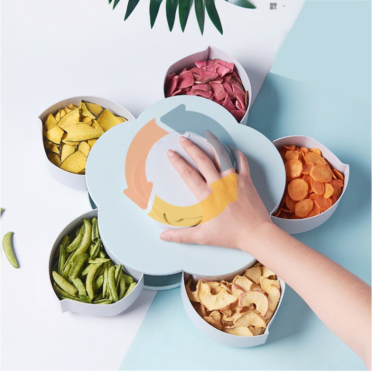 Khay đựng mứt tết - Hộp đựng mứt tết bánh kẹo 2 tầng xòe hình cánh hoa xoay 360 độ - T2K Shop