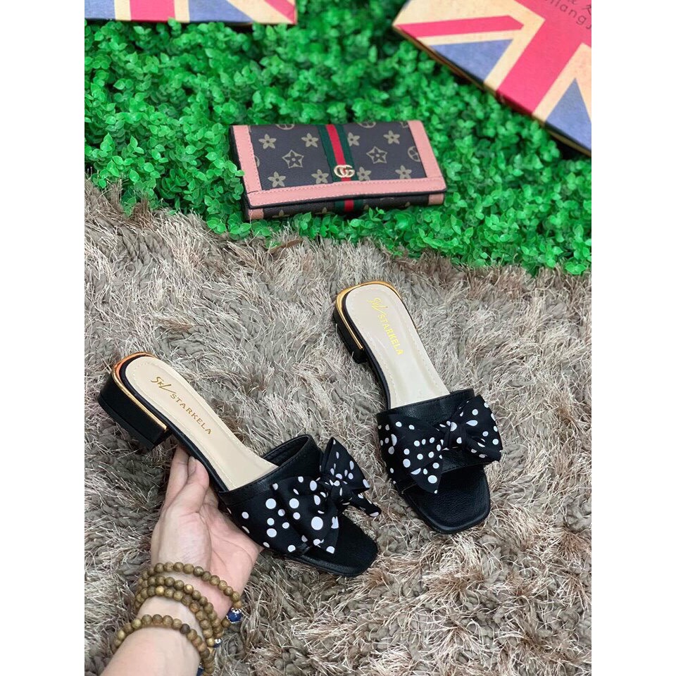 Dép lê nữ đế vuông 2 phân nơ chấm bi siêu hot