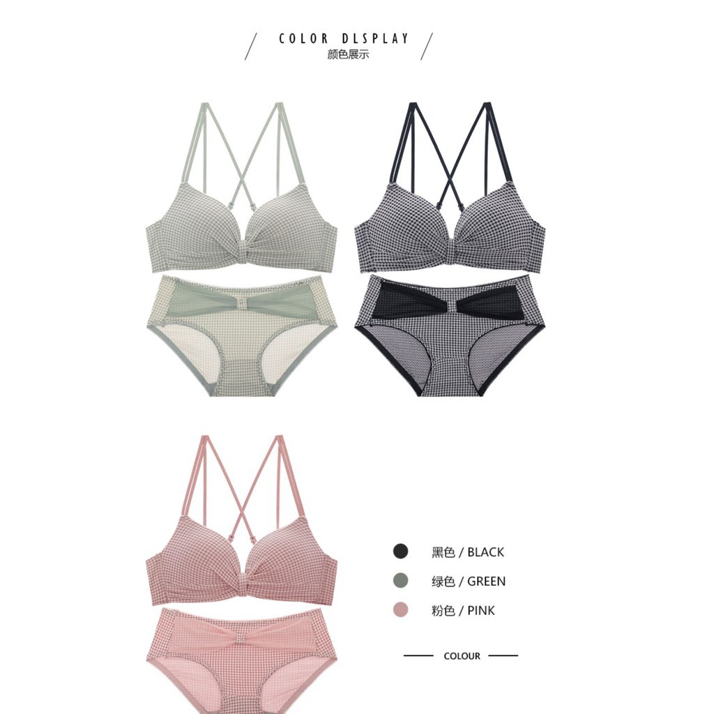 Bộ Áo Lót Nữ Nhún Nơ Kẻ Dây Kép Đệm Vừa + Quần Mã-Áo lót nhún nơ họa tiết kẻ caro nâng ngực- FLA55 | BigBuy360 - bigbuy360.vn