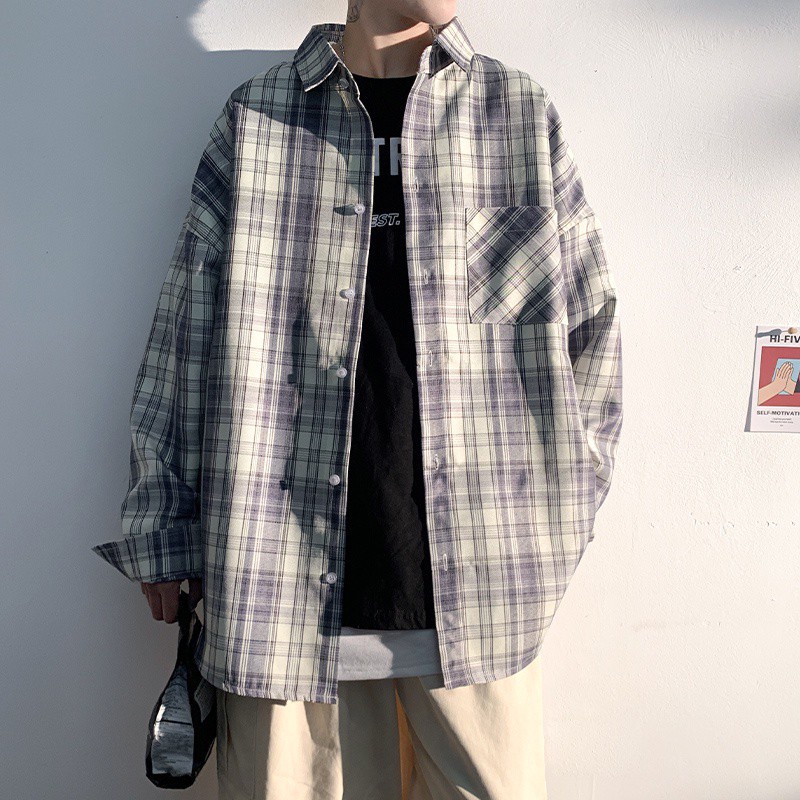 Áo sơ mi khoác ngoài tay dài dáng rộng kẻ ca-rô trẻ trung hợp thời trang cho nam