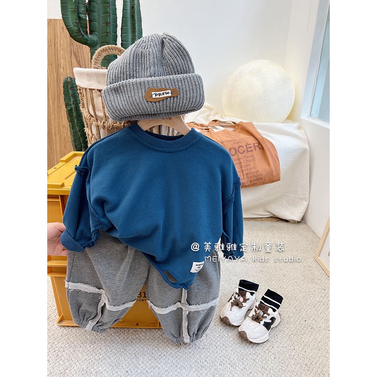 [Hàng Có Sẵn Mới Về] Set Áo Sweatshirt Phối Rách Phong Cách Hàn Quốc Cho Bé Trai Và Bé Gái