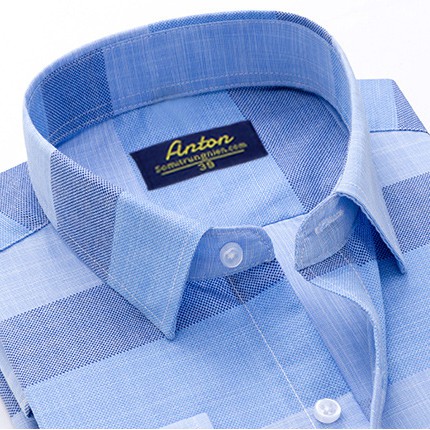Áo Sơ Mi Nam Công Sở Trung Niên Anton Somianton Xanh Dài Tay Vải Sợi Tre Họa Tiết Kẻ Caro - 8566