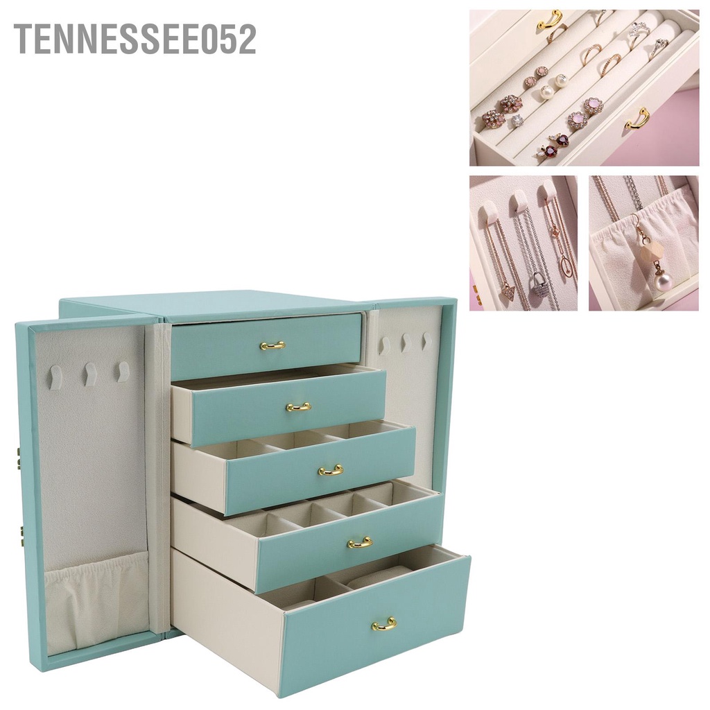 [Hàng HOT] Hộp Đựng Trang Sức Bằng cao cấp bọc da 5 tầng Hai Cửa Màu Xanh Lá Phong Cách Châu Âu sang trọng【Tennessee052】