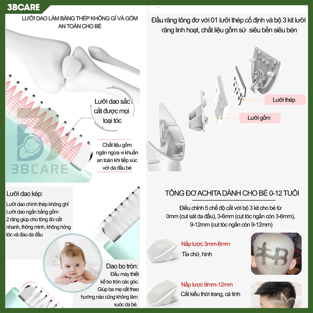 Tông đơ cắt tóc cho bé ACHITA lưỡi cắt gốm không gỉ, chống giật tóc, chống ồn