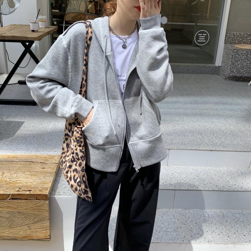 Áo khoác hoodie SUXI dài tay dáng rộng phối khóa kéo thời trang mùa thu Hàn Quốc giản dị dành cho nữ