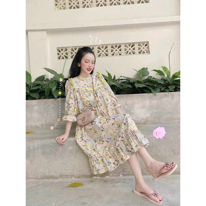 Đầm suông hoa babydoll viền bèo ngực, tay áo bo ống | BigBuy360 - bigbuy360.vn