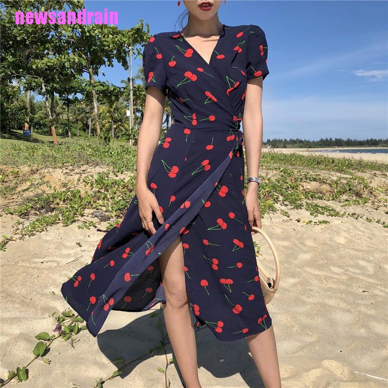 Đầm Maxi Ngắn Tay Ôm Dáng In Họa Tiết Cherry Thời Trang Hàn Quốc Cho Nữ