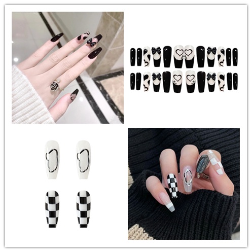 Bộ 24 Móng Tay Giả Họa Tiết Ca Rô Trắng Đen Hình Trái Tim/Bướm Trắng/Đen Trong Suốt