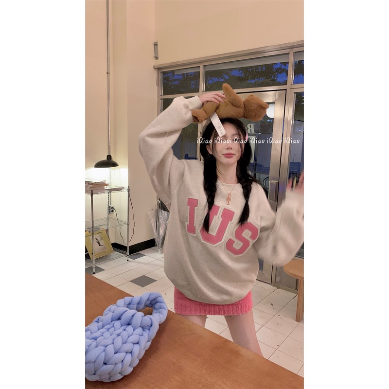 Áo len tay dài cổ tròn màu xám phong cách ngọt ngào đáng yêu thời trang Hàn Quốc dành cho nữ