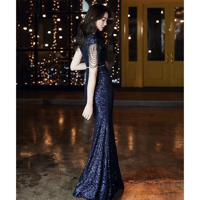 Đầm dạ hội kim sa tay kết đá cao cấp