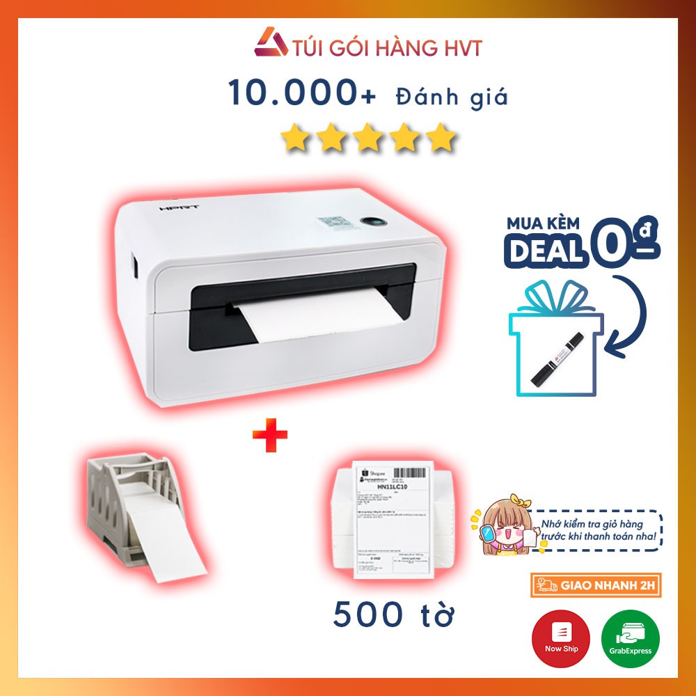 [COMBO] Máy in HPRT N41- in nhiệt đơn TMĐT kèm tệp 500 tờ giấy in nhiệt decal 100x150 có keo dán sẵn và khay đựng giấy