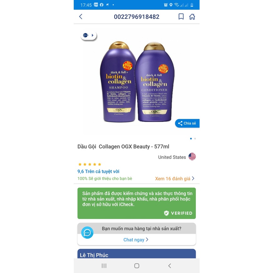 Dầu Gội Xả Biotin Collagen Tím Chống Rụng Tóc Và Kích Thích Mọc Tóc Nhanh Ogx 2 Chai (Gội + Xả)