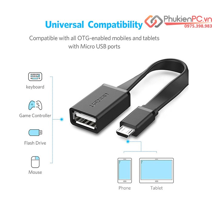 Cáp Micro USB OTG dây dẹt cho điện thoại, kết nối usb, chuột, bàn phím hãng Ugreen