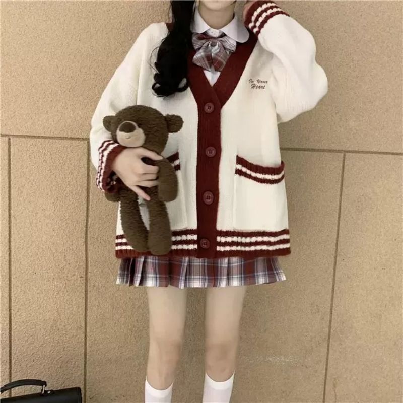 Áo khoác cardigan len viền đỏ đen oder taobao