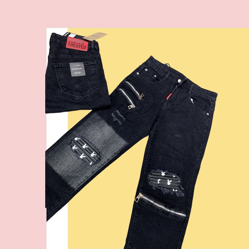 Quần Jean Nam Khóa Gối Vá Da Họa Tiết Thỏ . Quần Bò Nam Vá Da Thỏ Phối Rách Gối Ống Côn DT Fashion Menwear