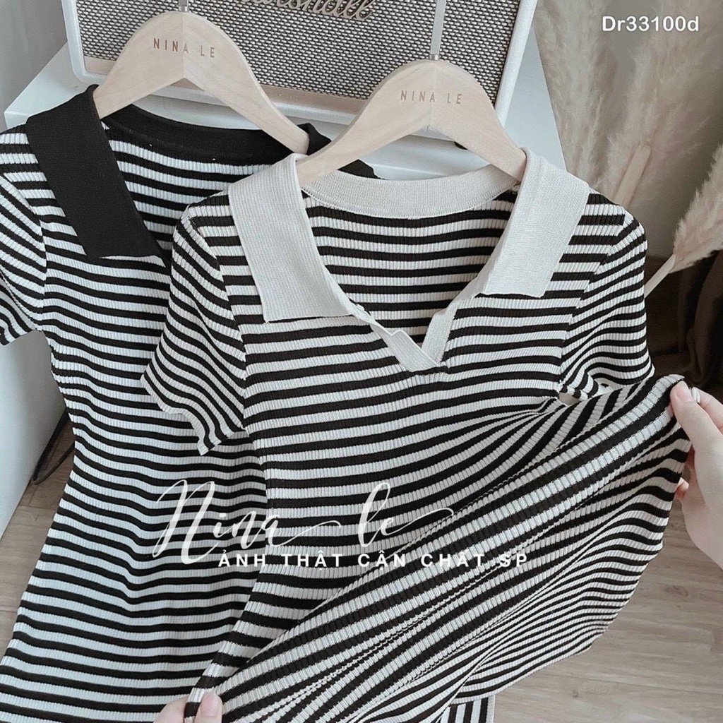 đầm gân sọc body cổ trụ ngắn tay