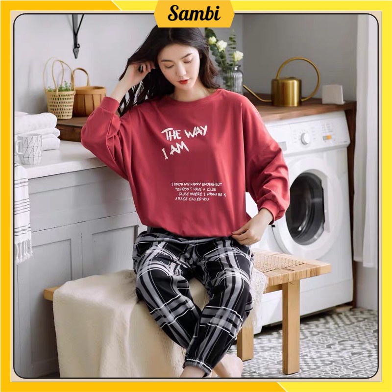 Bộ đồ thu đông nữ Sambi bộ mặc nhà dài tay quần kẻ họa tiết dễ thương cao cấp | BigBuy360 - bigbuy360.vn