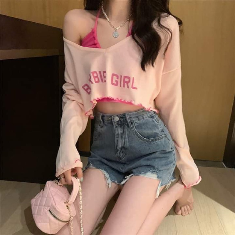 Set áo croptop chạy viền Barbie girl cute set áo dây vào áo khoác