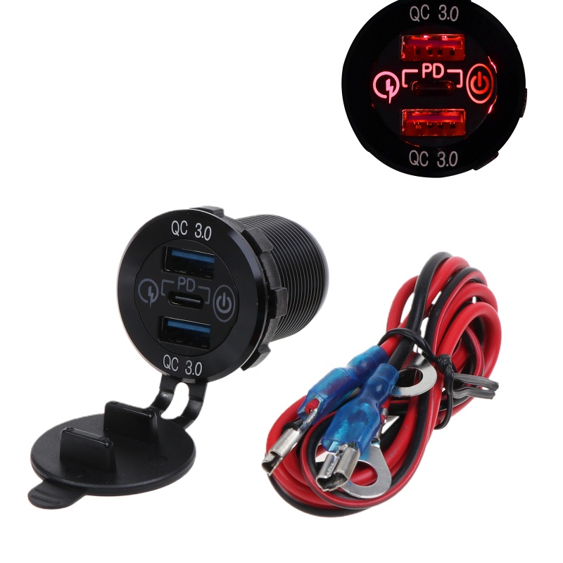 Tẩu Sạc Hai Cổng USB + USB C 63W PD 12V 24V Có Đèn LED Cho Xe Hơi