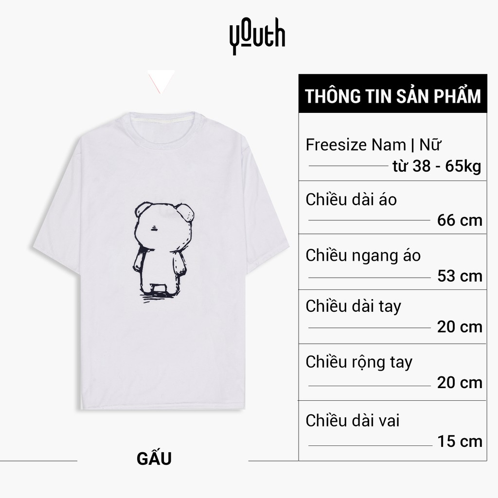 Áo thun nam nữ unisex YOUTH form rộng cổ tròn tay lỡ vải Cotton xịn FreeSize(38-65Kg) -  Gấu - AP62