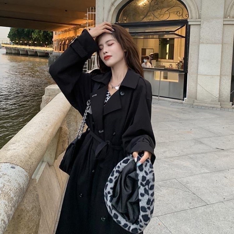 Áo mangto/trendcoat nữ dáng dài màu đen có dây buộc[HÀNG ĐẶT TRƯỚC]
