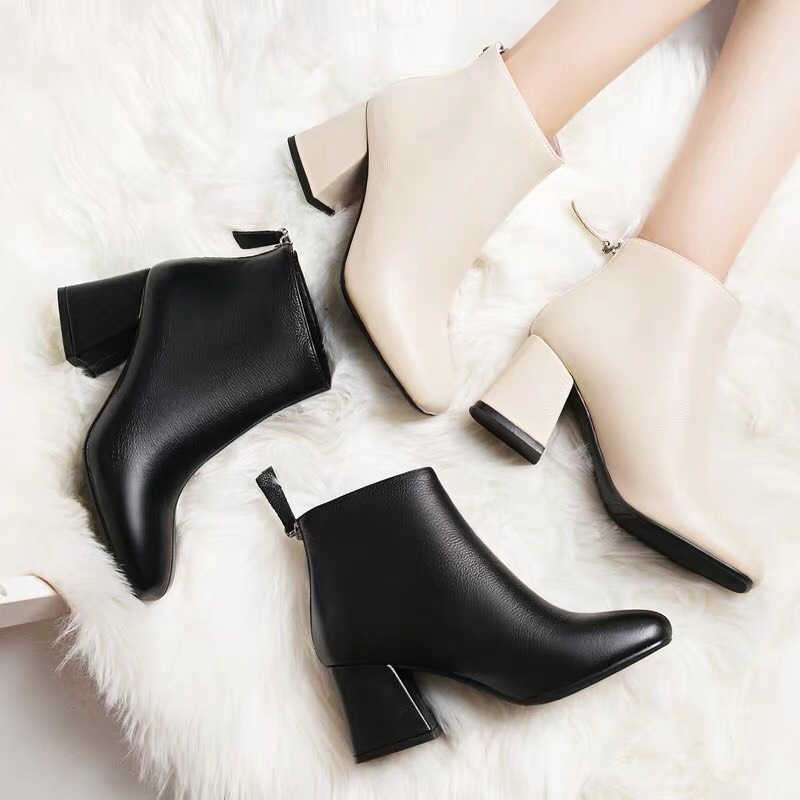 Boot da vân sần  boot nữ da lì gót vuông khoá sau móc tròn và dây kéo có lót lông gót 6cm và 7cm | BigBuy360 - bigbuy360.vn