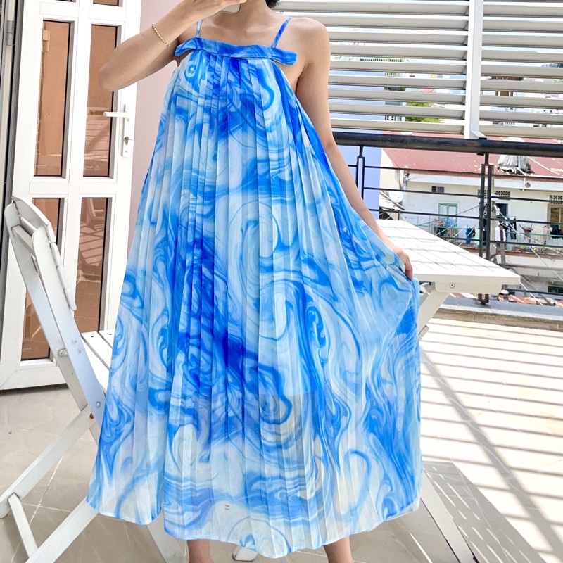 Đầm maxi đi biển 2 dây dập ly suông dài váy xòe du lịch dạo phố HATI