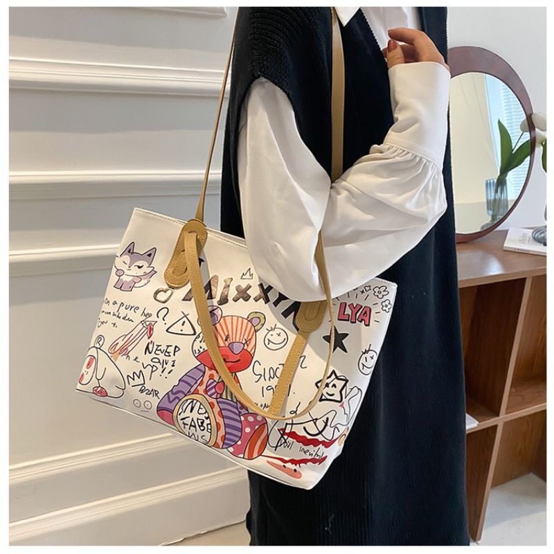 Túi công sở nữ tote da pu để vừa A4 kẹp nách đeo vai in hình gấu đi học đi chơi giá rẻ đẹp