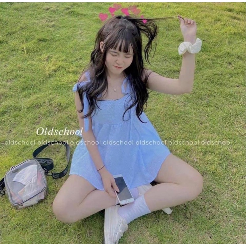 Sét áo babydoll 2 dây kẻ caro xanh thắt nơ kèm quần short trắng phong cách ulzzang hàn quốc