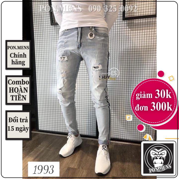 Quần bò rách nam màu ghi bạc co giãn cực tốt kẻ sọc rách gối ms1993 Pon.mens