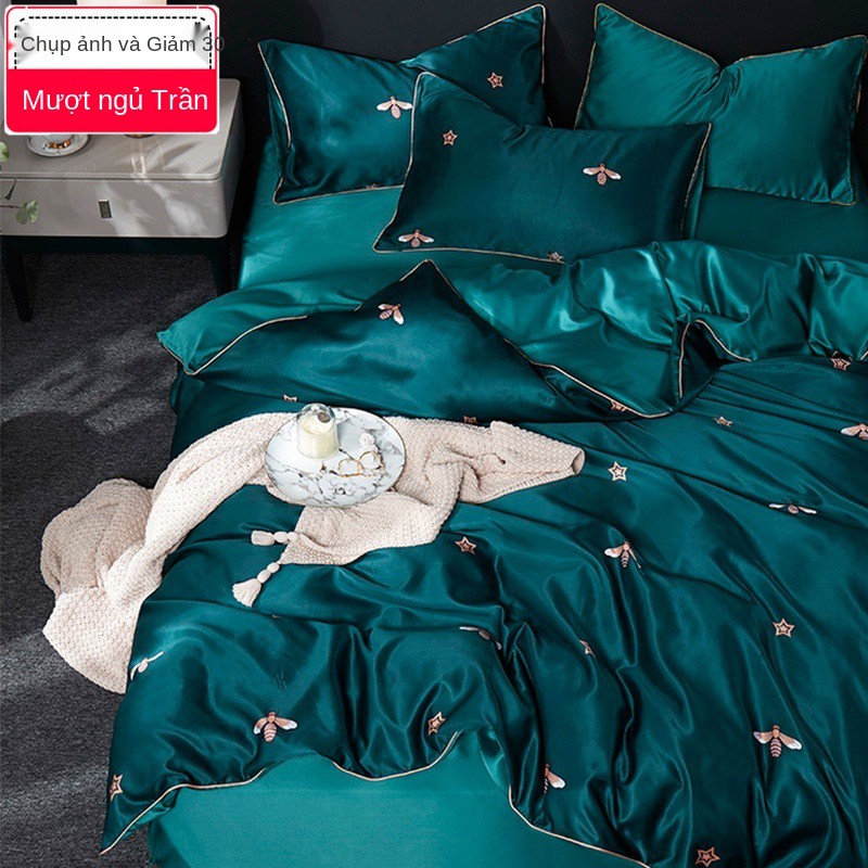 Bộ 4 tấm vải lụa băng cho giường ngủ trần truồng satin tencel phong cách châu Âu ga trải trơn mùa hè