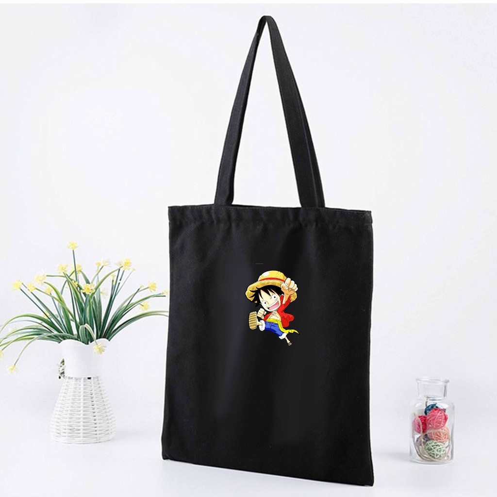 Túi tote vải đeo vai đen trắng in hình Luffy One Piece anime