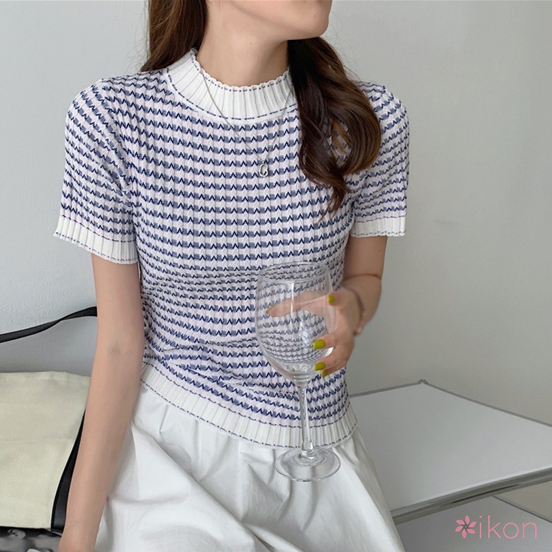 Áo Thun Tay Ngắn Cổ Tròn Họa Tiết Kẻ Sọc Chất Liệu Lụa Lạnh Mỏng Nhẹ Thời Trang Cho Nữ