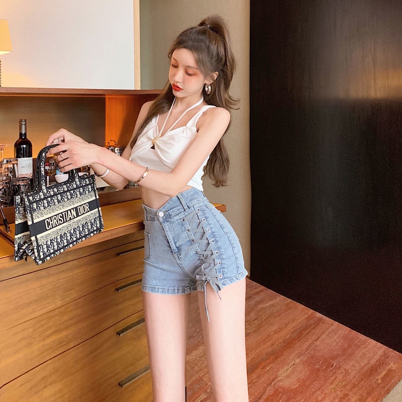 Quần short denim lưng cao cột dây màu sáng phong cách Hàn Quốc thời trang mùa hè quyến rũ cho nữ