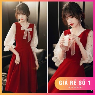 Đầm xòe nơ cổ chất đẹp phù hợp dự tiệc, diện Tết đủ size S,M,L,XL,XXL - 75910