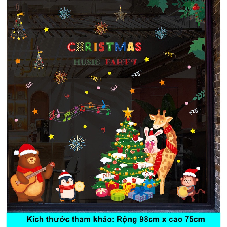 Decal dán tường trang trí Noel - Thỏ nai khỉ gấu đón giáng sinh bên cây thông quà