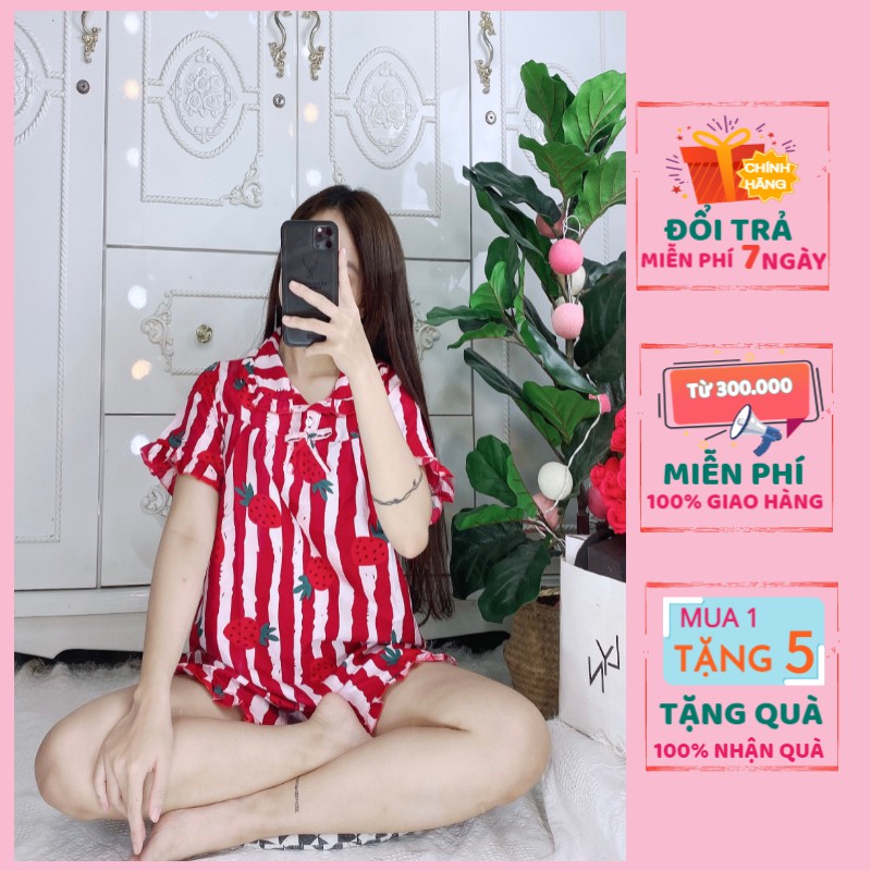 Bộ đồ ngủ, đồ bộ pijama lụa nữ mặc nhà áo tay ngắn quần ngắn bèo chất liệu kate thái