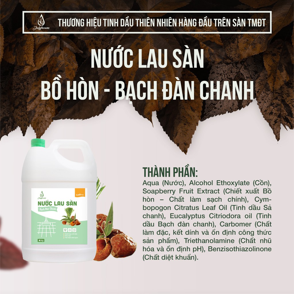 Nước Lau Sàn đuổi muỗi Bạch Đàn Chanh - Bồ Hòn 4KG JULYHOUSE xua côn trùng và đuổi ruồi muỗi