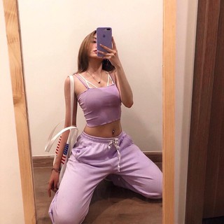 SET THỂ THAO 2 DÂY CROPTOP+ QUẦN BAGGY TÍM