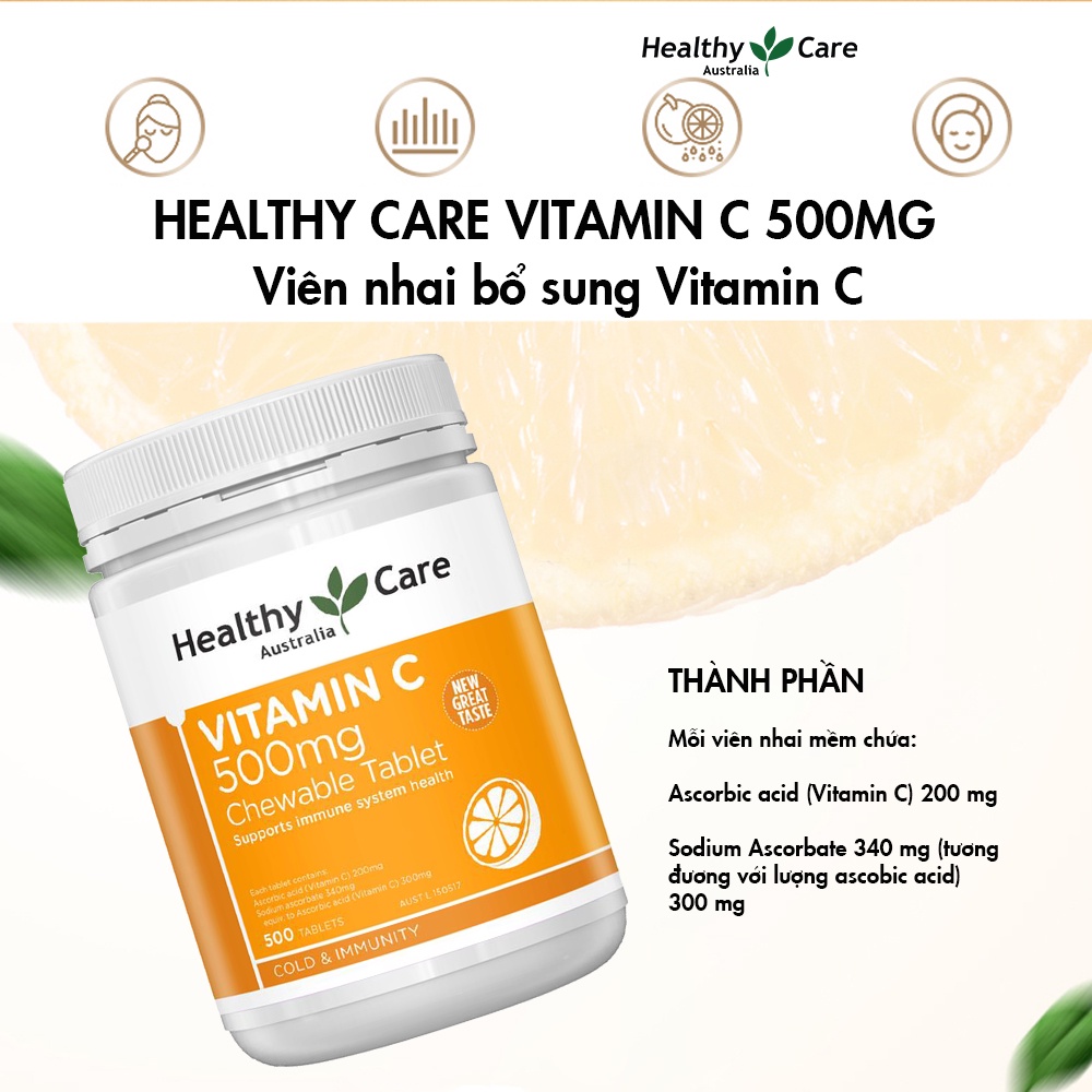 Viên nhai Vitamin C Healthy Care giúp tăng cường đề kháng, hỗ trợ sức khỏe và làm đẹp da 500 viên