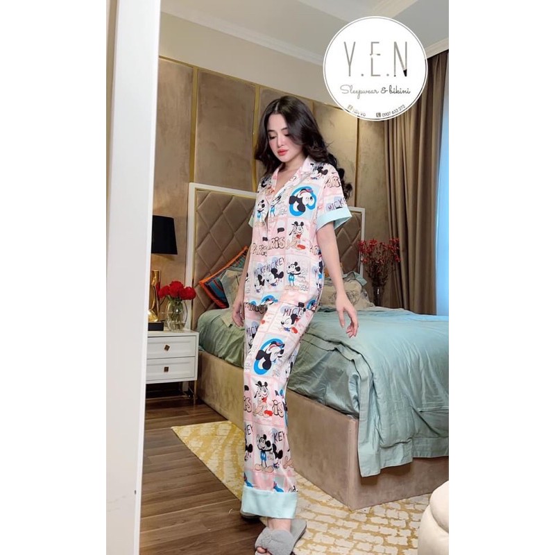 Bộ pijama chuột micky tay ngắn lụa satin cao cấp quảng châu