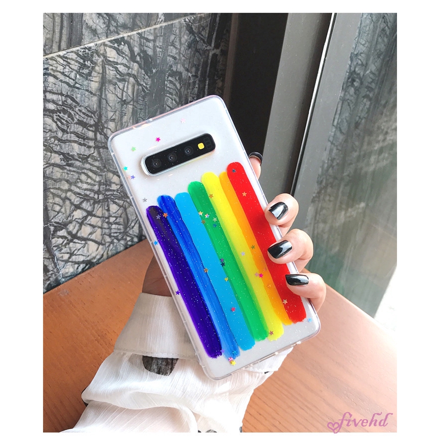 Casing Samsung S20 Ultra S10 S9 S8 Plus Note 10Plus 9 8 S10e Epoxy Ins Style Rainbow Stripes Transparent Bling Star Phone Case Soft Cover