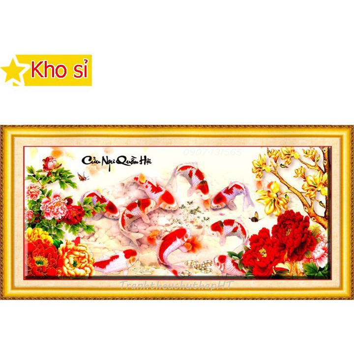 Tranh đính đá đẹp Cửu ngư quần hội, cá chép, mẫu đơn Lv127 (149x70cm) [KHO SỈ] Tranh chất lượng cao