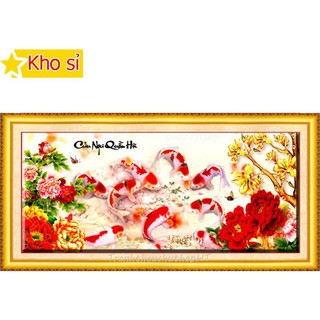 Tranh đính đá đẹp Cửu ngư quần hội, cá chép, mẫu đơn Lv127 (149x70cm) [KHO SỈ] Tranh chất lượng cao